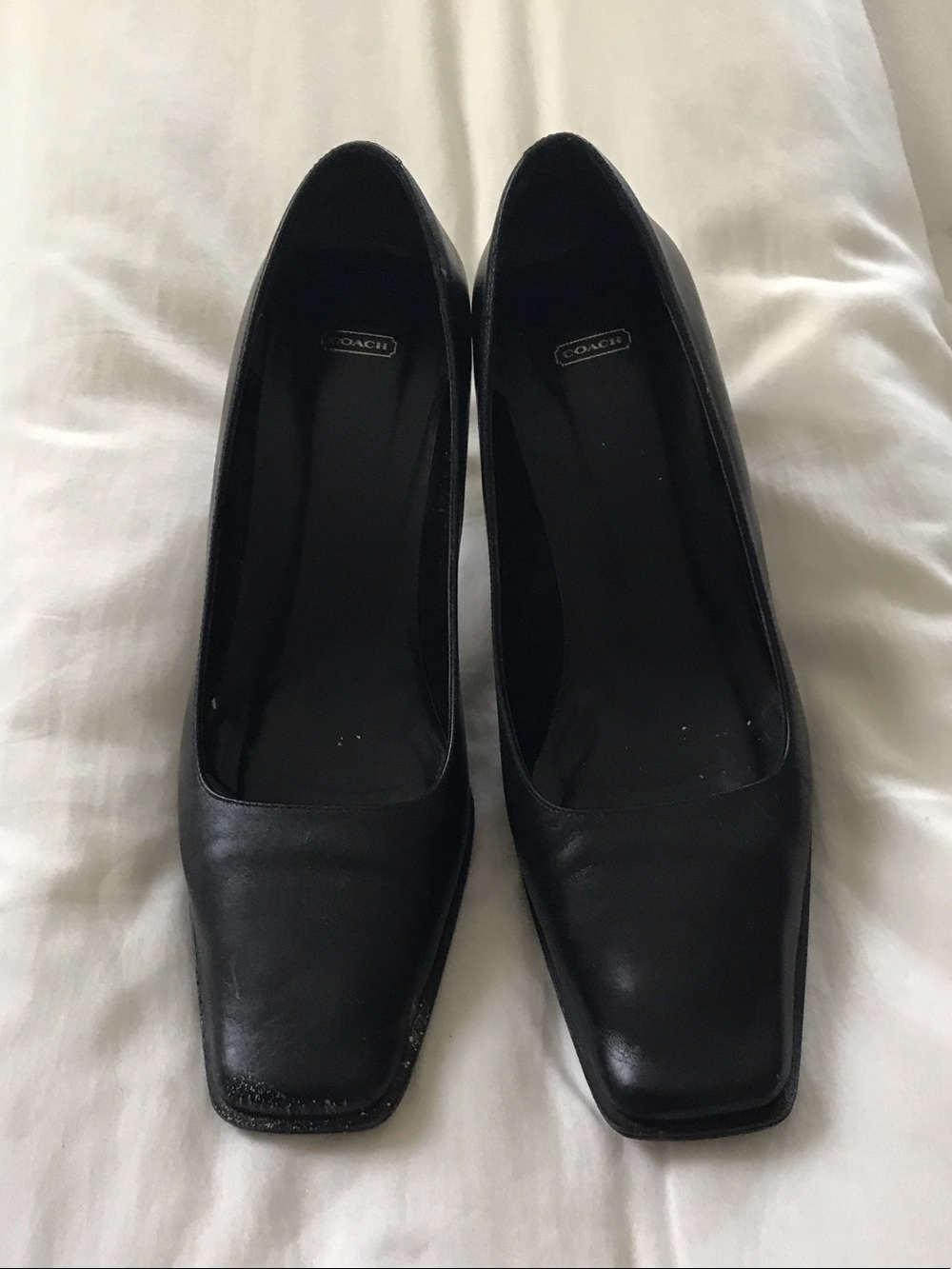 Coach Black Leather Square-Toe Low Heel Pumps